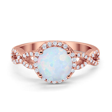 Halo Infinity Wedding Ring Round Rose Tone, Lab Created White Opal 925 Sterling Silver